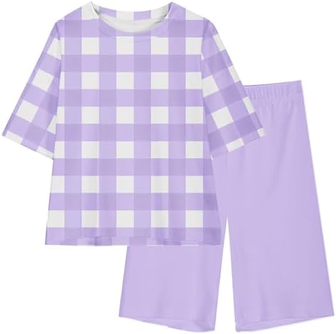Girls 2 Piece Tracksuit Set Plaid T-Shirt and Biker Shorts