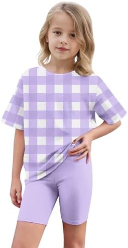 Girls 2 Piece Tracksuit Set Plaid T-Shirt and Biker Shorts