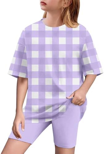 Girls 2 Piece Tracksuit Set Plaid T-Shirt and Biker Shorts