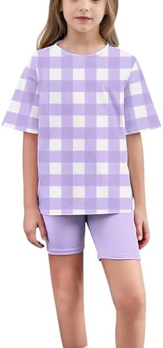 Girls 2 Piece Tracksuit Set Plaid T-Shirt and Biker Shorts