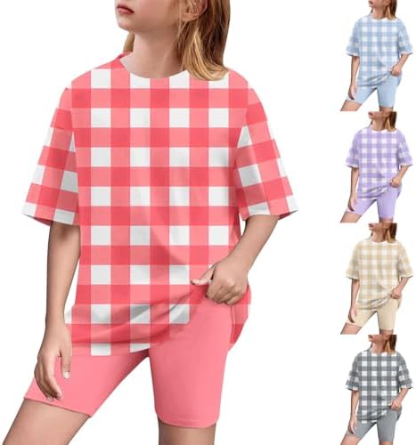Girls 2 Piece Tracksuit Set Plaid T-Shirt and Biker Shorts