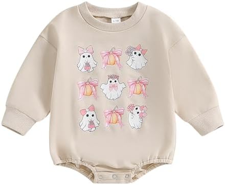 BULINGNA Newborn Baby Girl Halloween Outfit Ghost Bow Long Sleeve Sweatshirt Romper