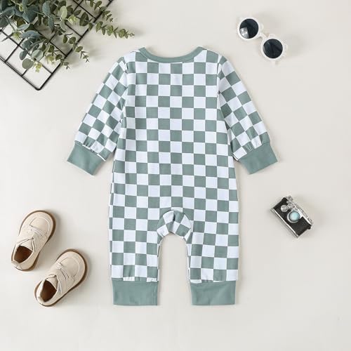 Newborn Baby Boy Girl Checkered Long Sleeve Zipper Romper Jumpsuit One Piece
