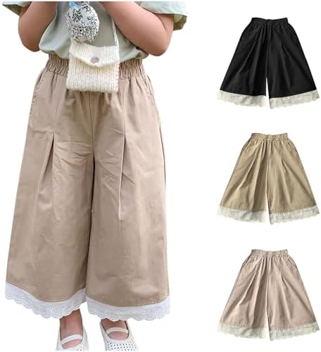Cute Lace Trim Wide Leg Summer Pants Elastic Waist 1-10 Years