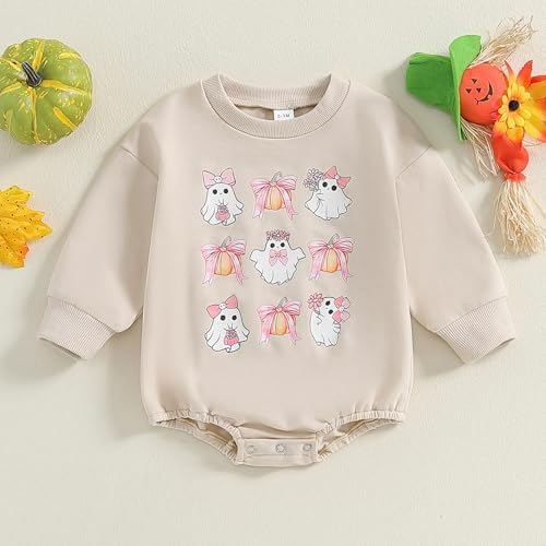 BULINGNA Newborn Baby Girl Halloween Outfit Ghost Bow Long Sleeve Sweatshirt Romper
