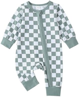 Newborn Baby Boy Girl Checkered Long Sleeve Zipper Romper Jumpsuit One Piece