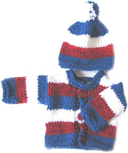 Handmade Red White and Blue Baby Sweater with a Cap
