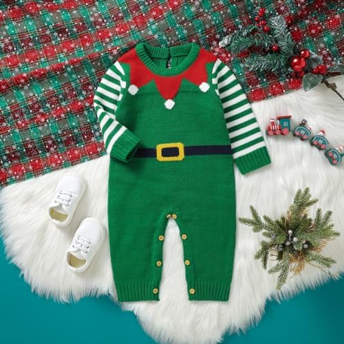 Mimixiong Christmas Outfit Baby Striped Knit Sweater Romper SantaElf