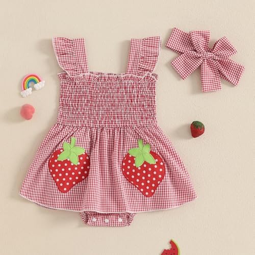 Fiomva Baby Girl Summer Romper Dress Strawberry Red 6-12 Months