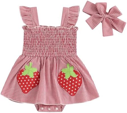 Fiomva Baby Girl Summer Romper Dress Strawberry Red 6-12 Months