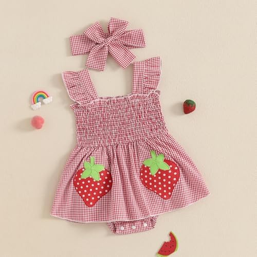 Fiomva Baby Girl Summer Romper Dress Strawberry Red 6-12 Months