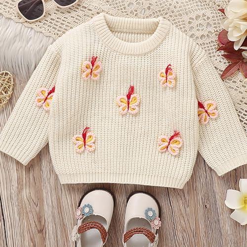 Baby Girl Cotton Sweater Butterfly Embroidery Crewneck Cardigan