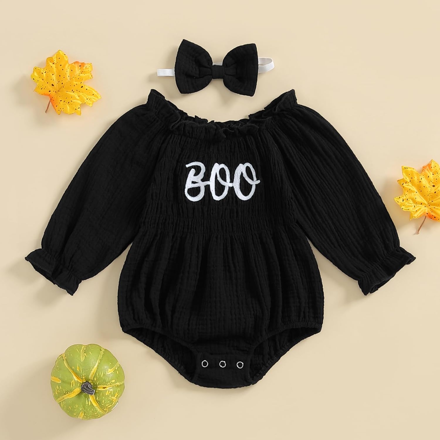 Lesimsam Newborn Baby Girl Halloween ROMPER with Cutesy Headband Smocked Details