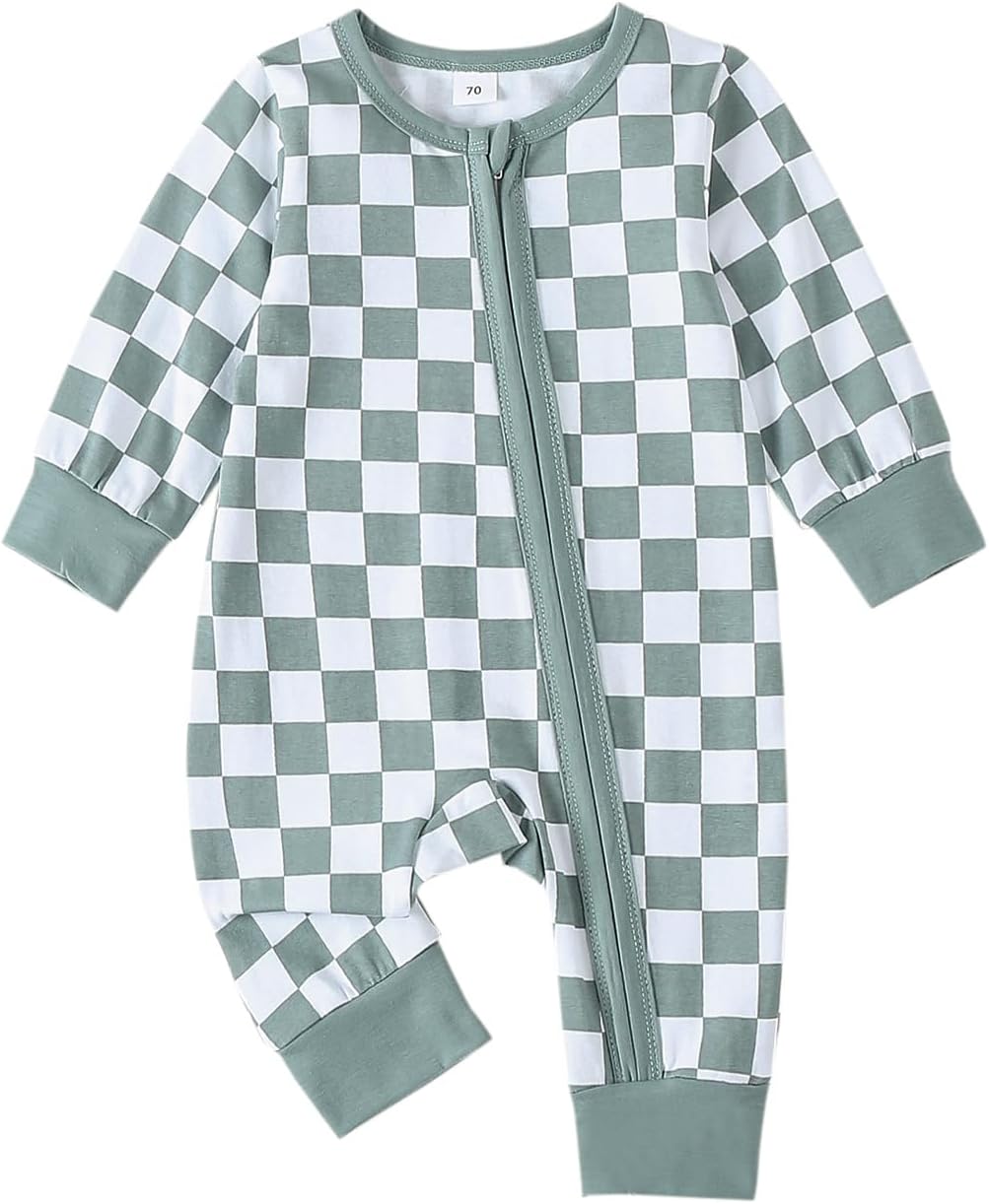 Newborn Baby Boy Girl Checkered Long Sleeve Zipper Romper Jumpsuit One Piece