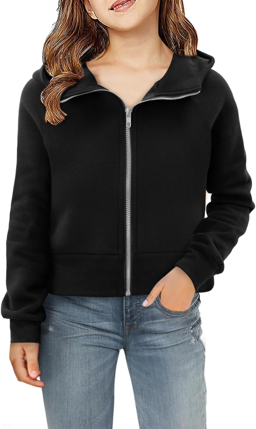 Yoklass Girls Red Crop Zip-Up Hoodie
