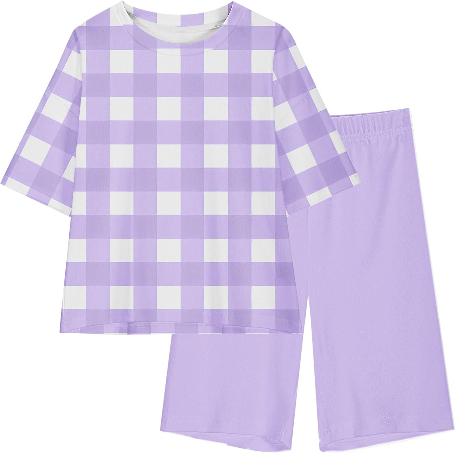 Girls 2 Piece Tracksuit Set Plaid T-Shirt and Biker Shorts
