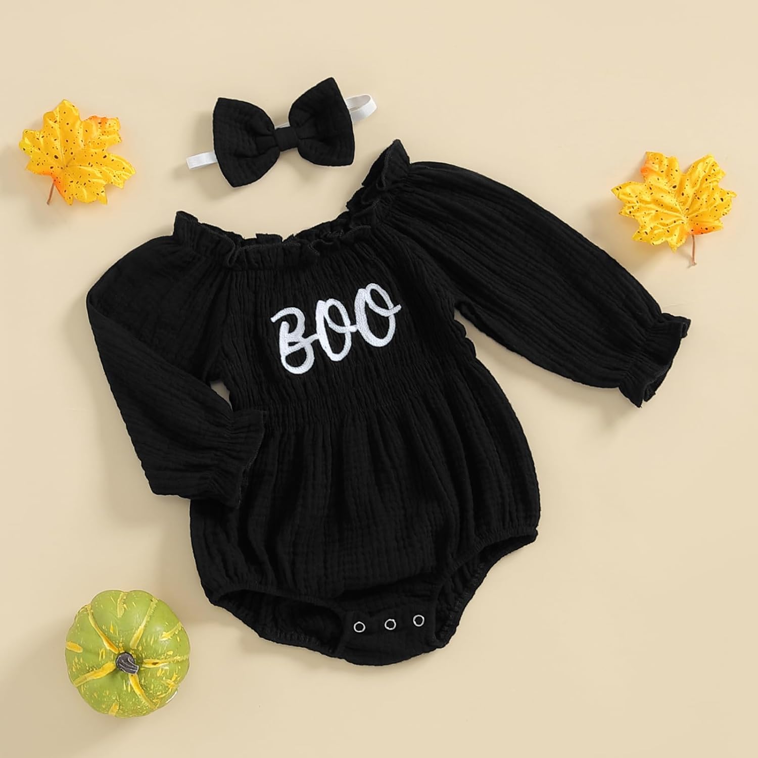 Lesimsam Newborn Baby Girl Halloween ROMPER with Cutesy Headband Smocked Details