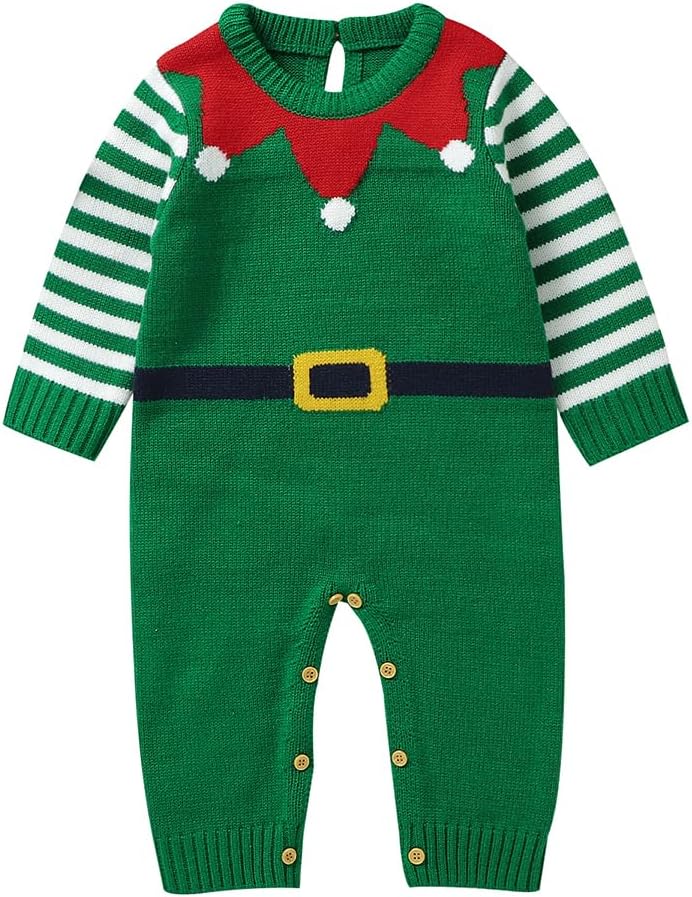 Mimixiong Christmas Outfit Baby Striped Knit Sweater Romper SantaElf