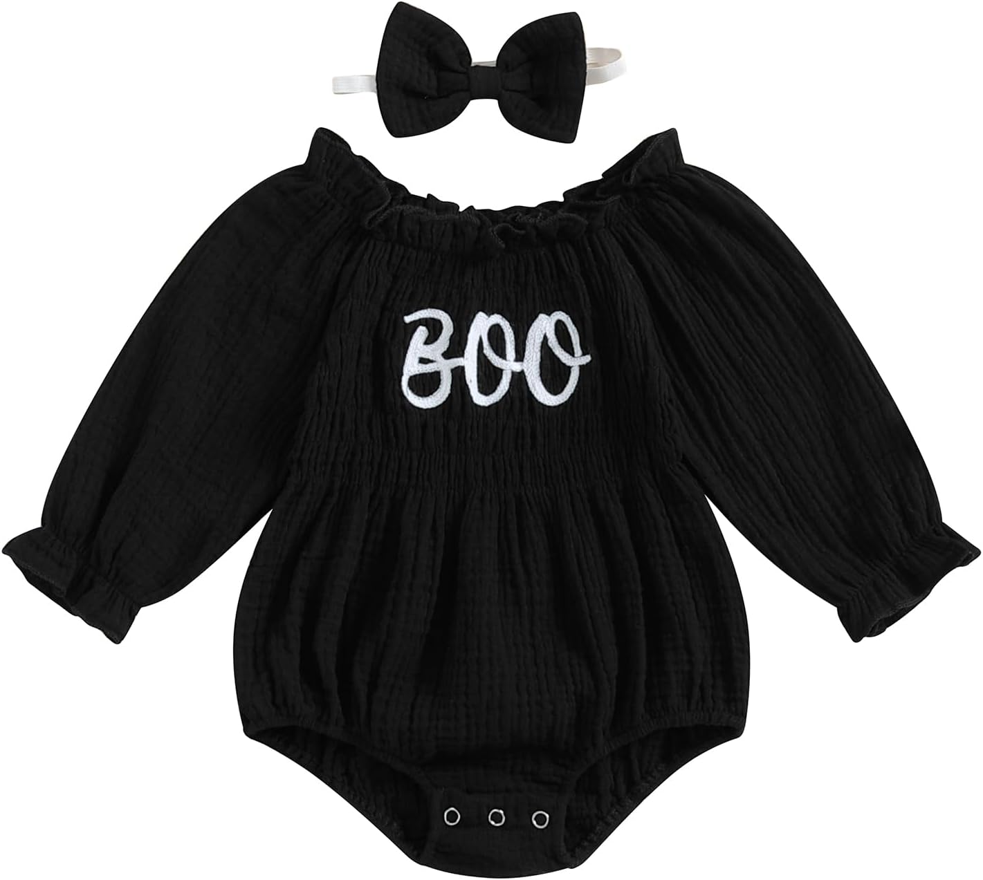 Lesimsam Newborn Baby Girl Halloween ROMPER with Cutesy Headband Smocked Details