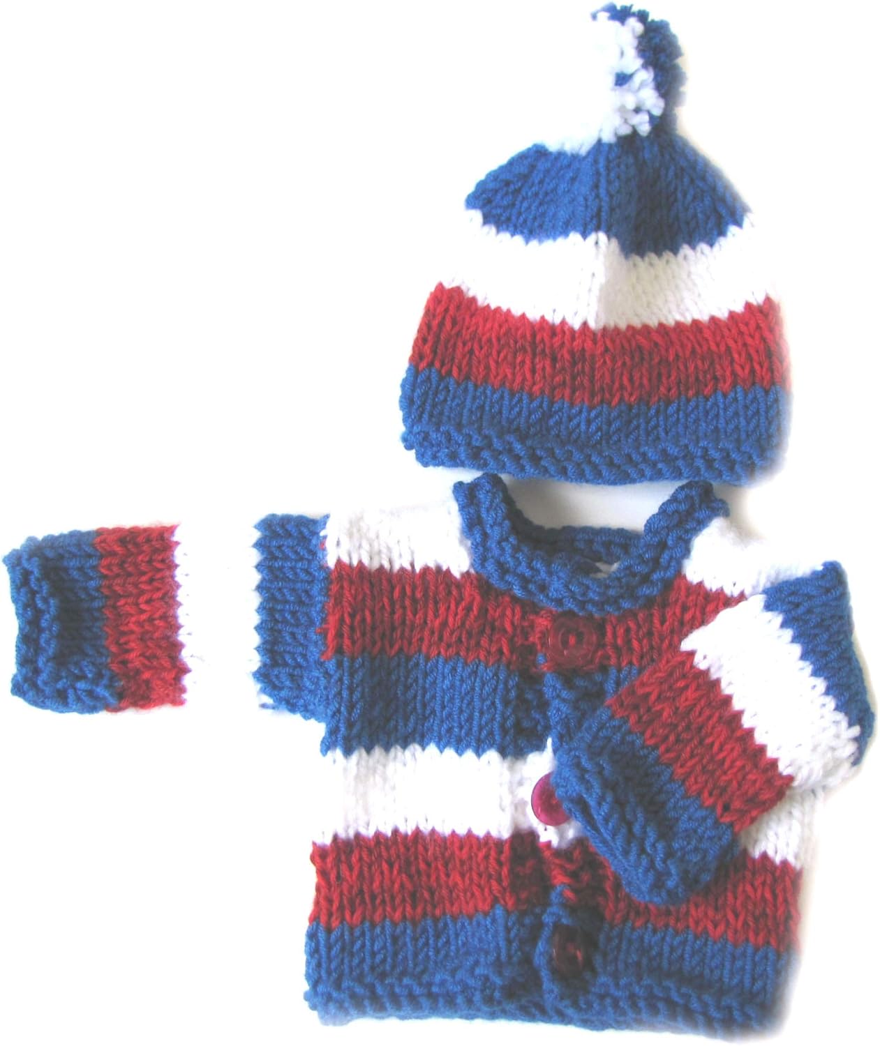Handmade Red White and Blue Baby Sweater with a Cap
