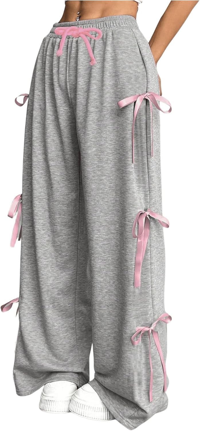 OYOANGLE Girls Elastic Drawstring Waist Bow Sweatpants Y2K