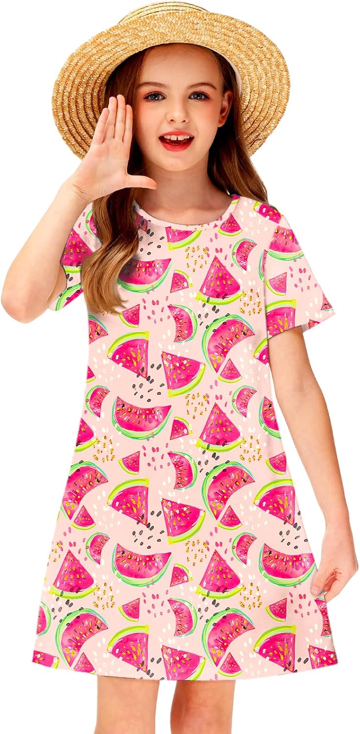 Girl Hawaiian Dresses Short Sleeve Summer Tropical Tshirt Dress 5-14 Years