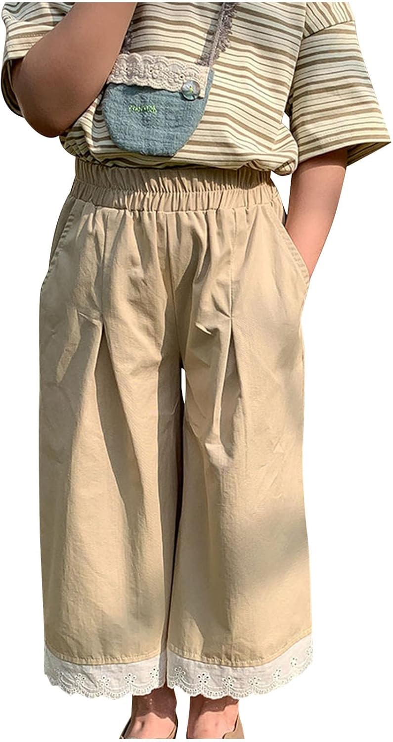 Cute Lace Trim Wide Leg Summer Pants Elastic Waist 1-10 Years