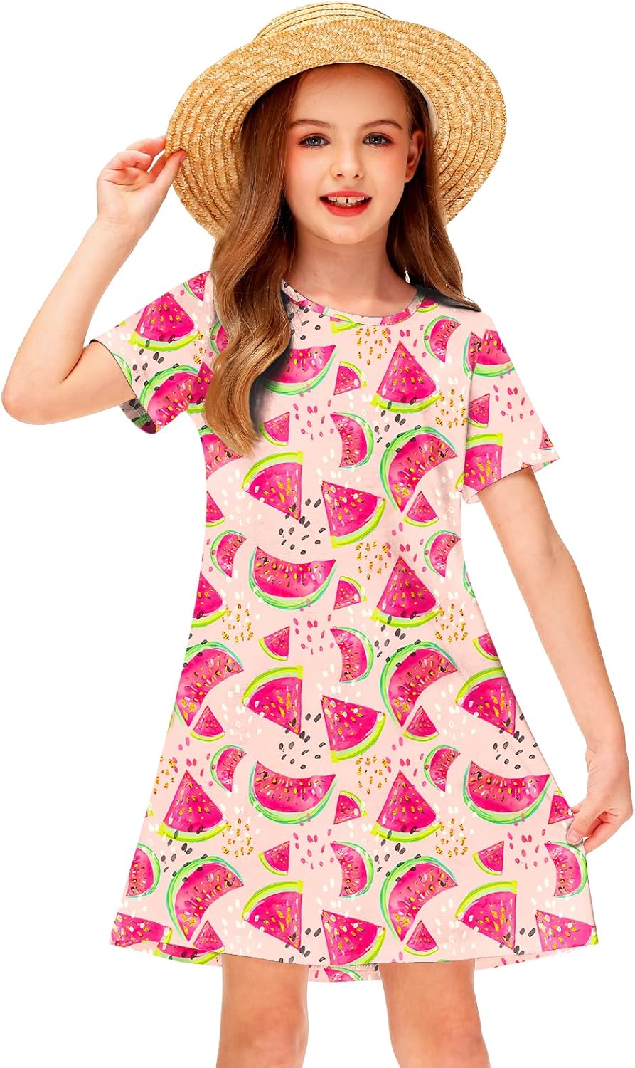 Girl Hawaiian Dresses Short Sleeve Summer Tropical Tshirt Dress 5-14 Years