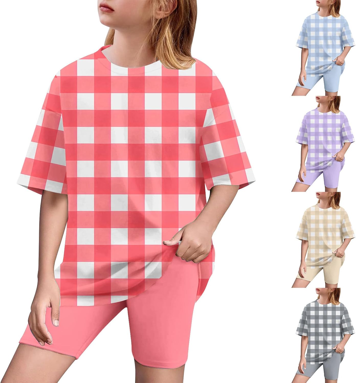 Girls 2 Piece Tracksuit Set Plaid T-Shirt and Biker Shorts