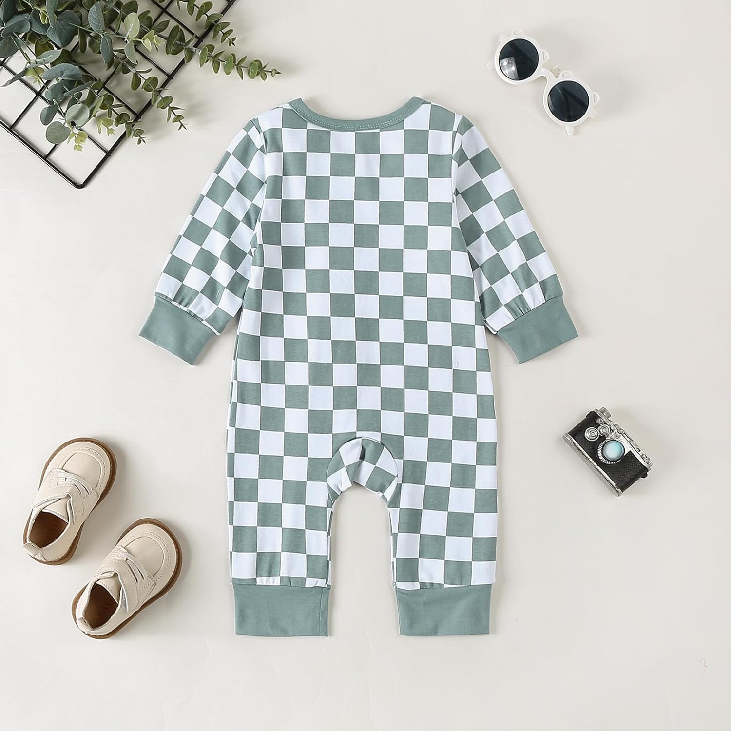 Newborn Baby Boy Girl Checkered Long Sleeve Zipper Romper Jumpsuit One Piece