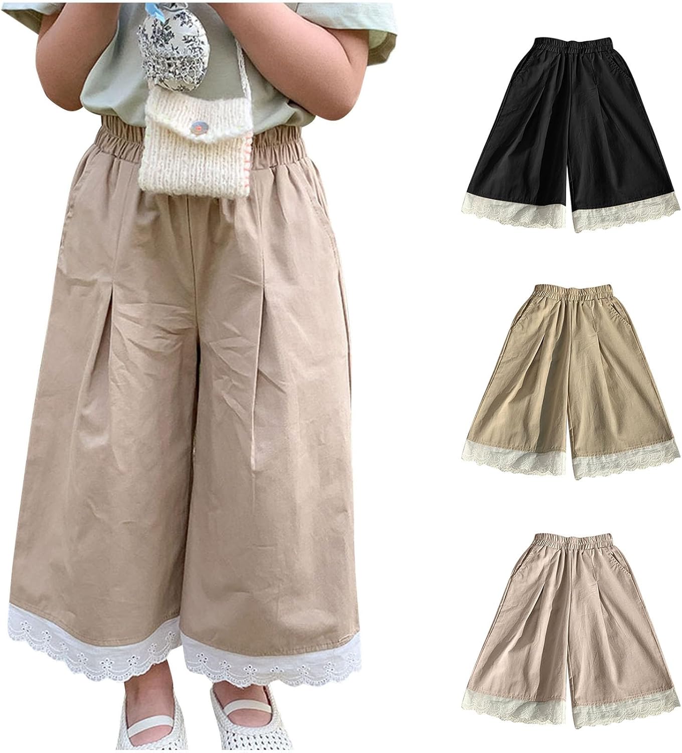 Cute Lace Trim Wide Leg Summer Pants Elastic Waist 1-10 Years