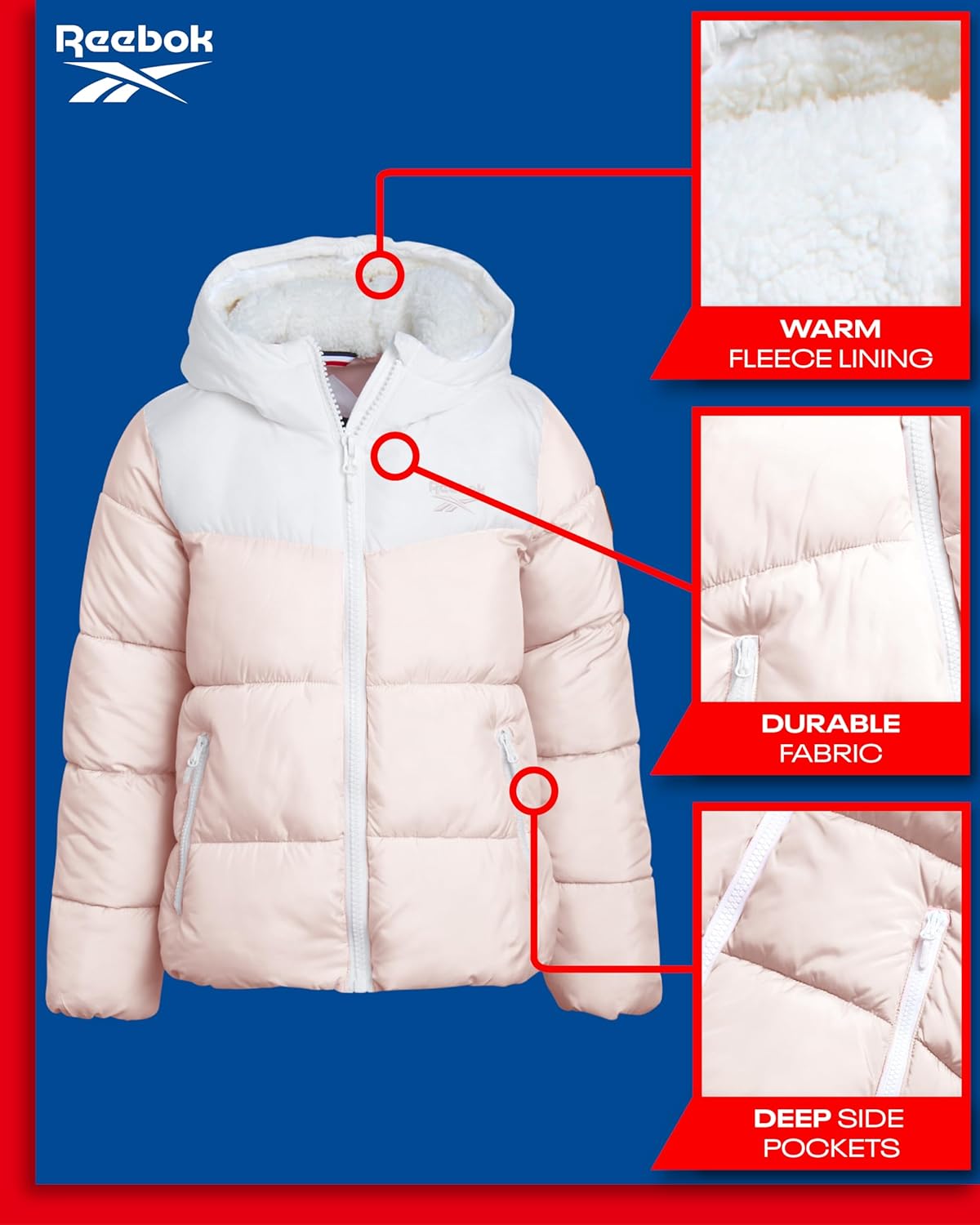 Reebok Girls Puffer Winter Jacket Warm Stylish