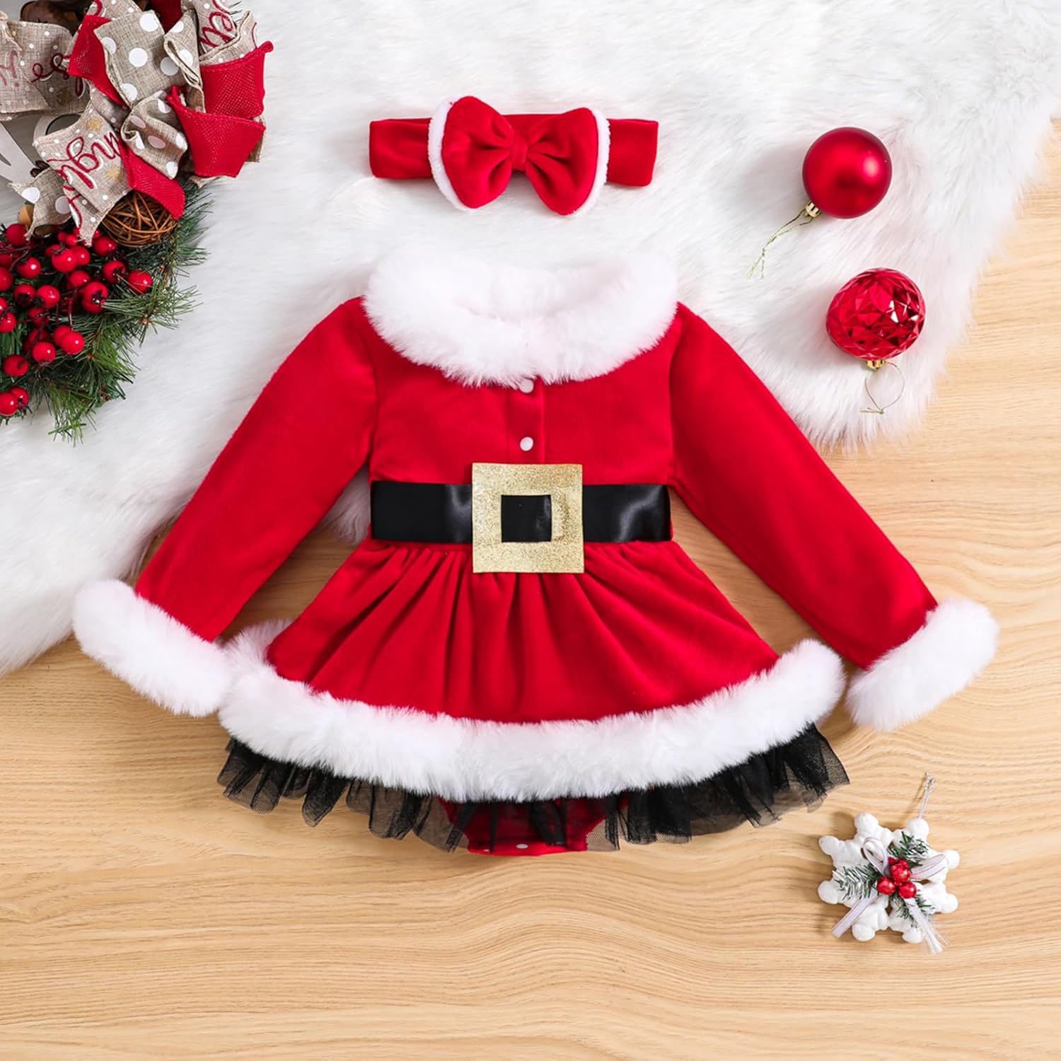 WASAIGOOD Christmas Soft Velvet Romper for Baby