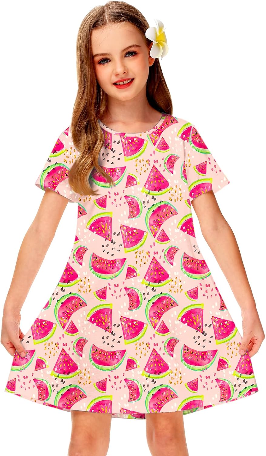 Girl Hawaiian Dresses Short Sleeve Summer Tropical Tshirt Dress 5-14 Years