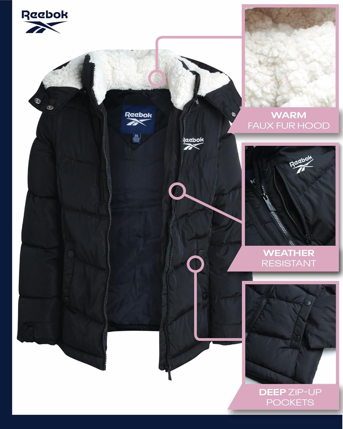 Reebok Girls Winter Jacket - Heavyweight Quilted Parka Perfect Gift for Girls