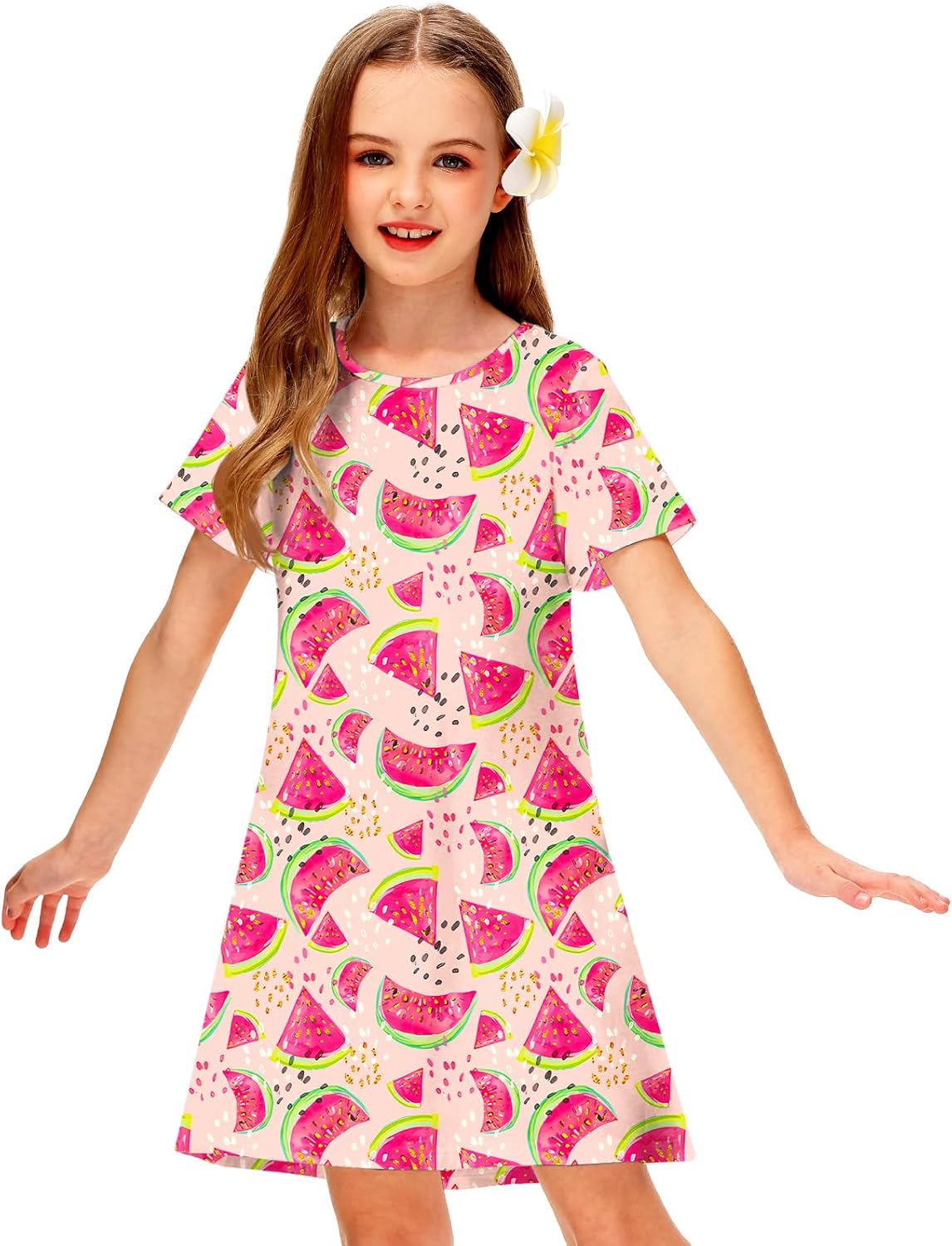 Girl Hawaiian Dresses Short Sleeve Summer Tropical Tshirt Dress 5-14 Years