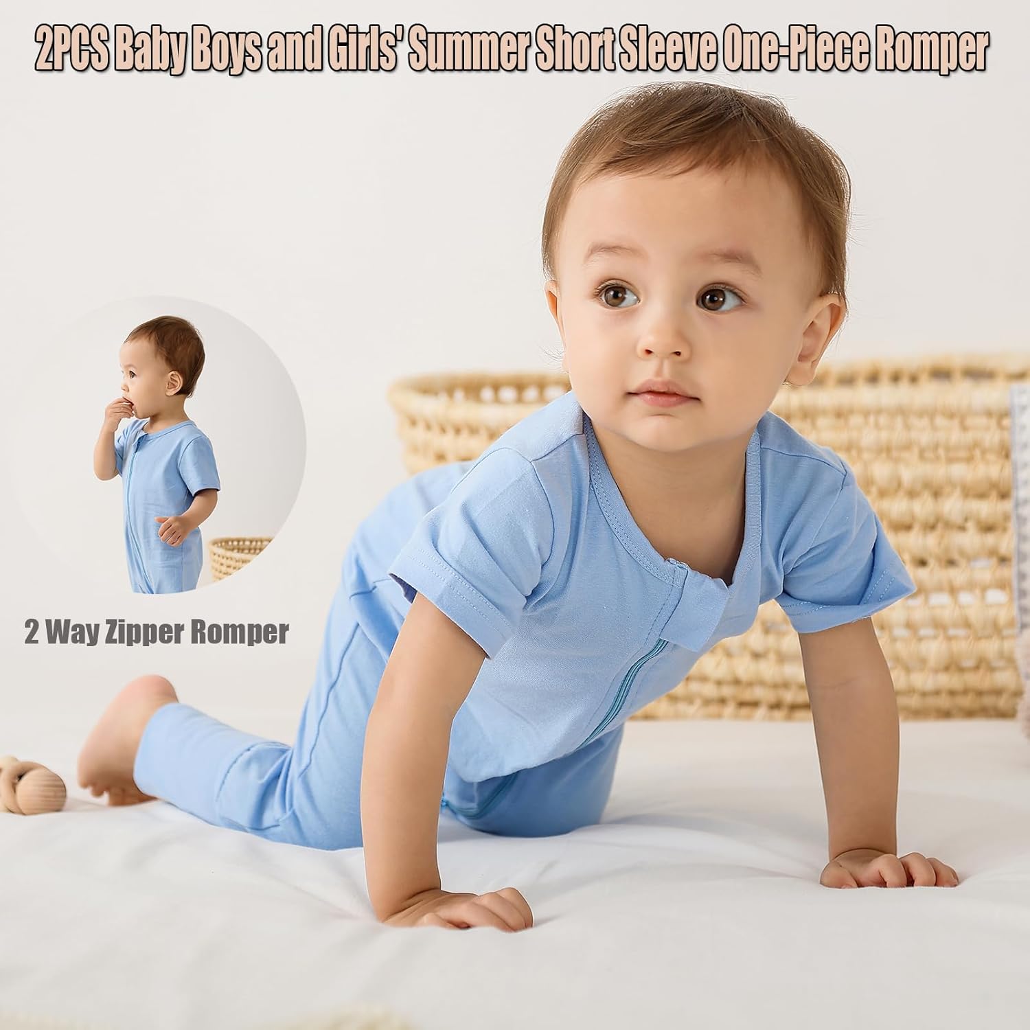 Feidoog Toddler 2 Pack Zipper Rompers Soft Cotton Jumpsuit Outfits
