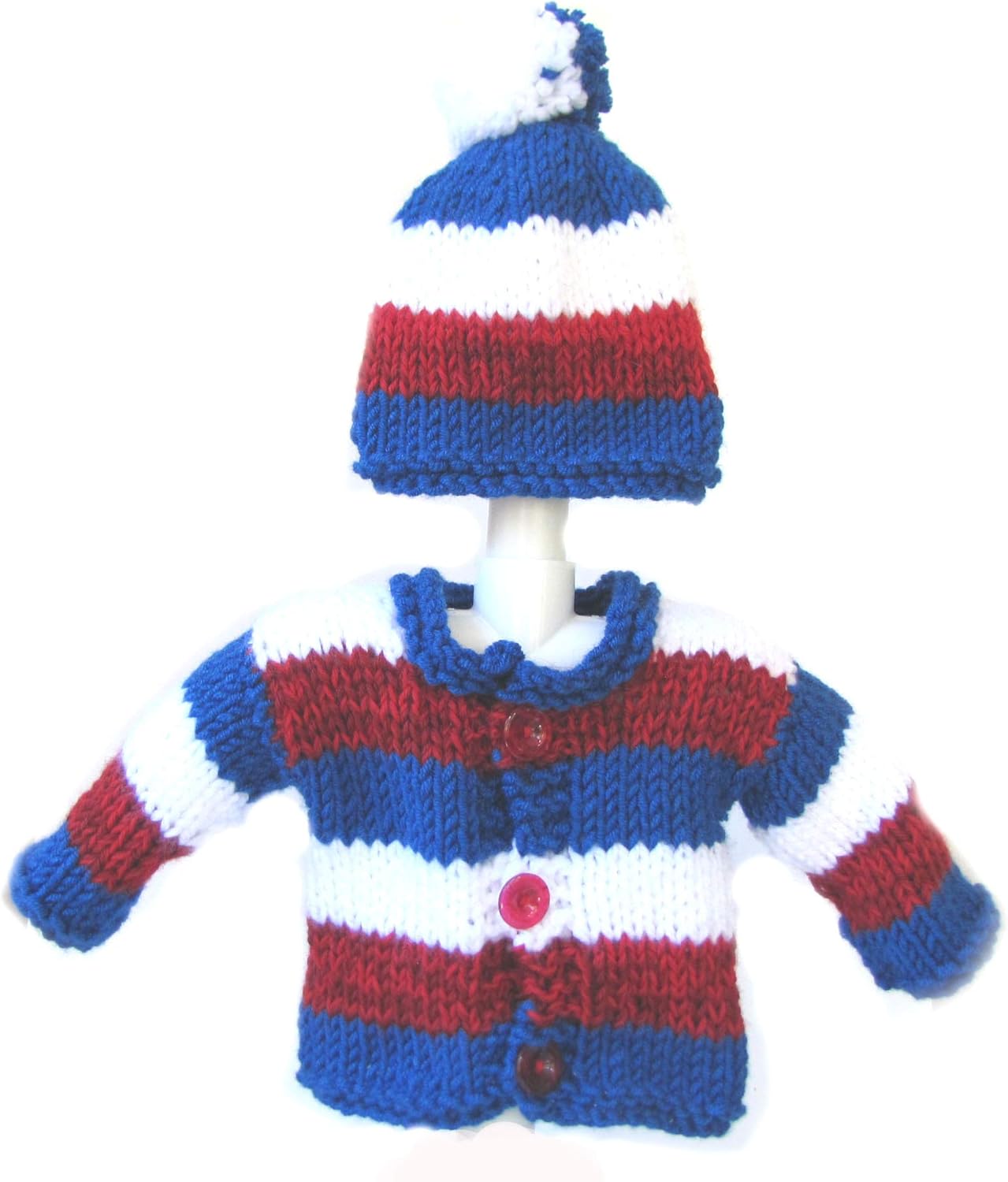 Handmade Red White and Blue Baby Sweater with a Cap
