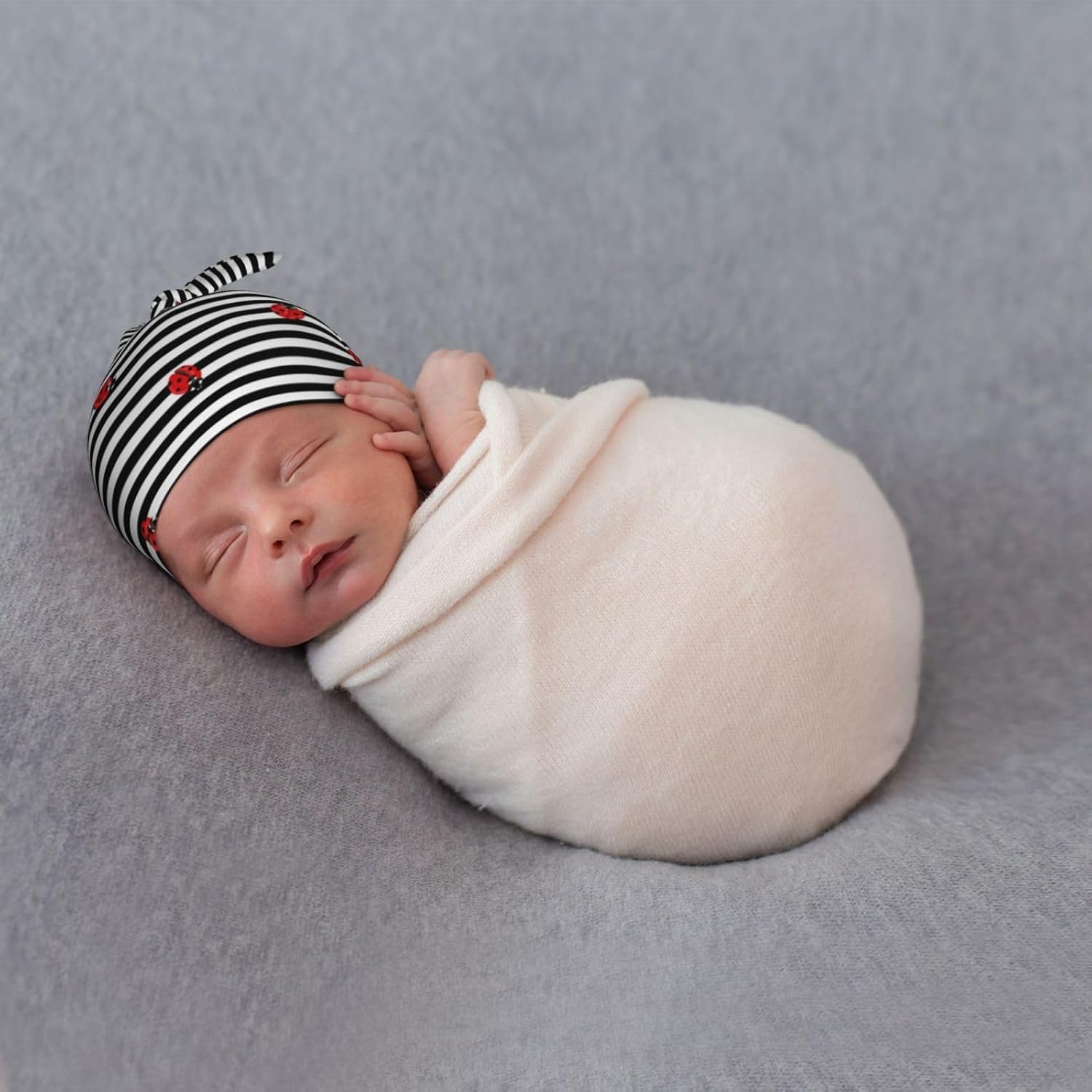 Ladybugs on Black and White Striped Hatz for Newborn Baby