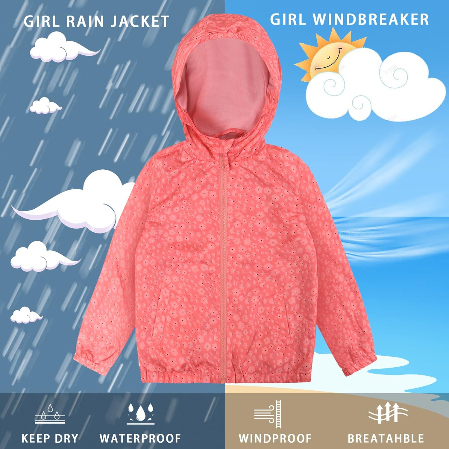 Adorable Kids Rain Jackets Snug Waterproof for Boys Girls