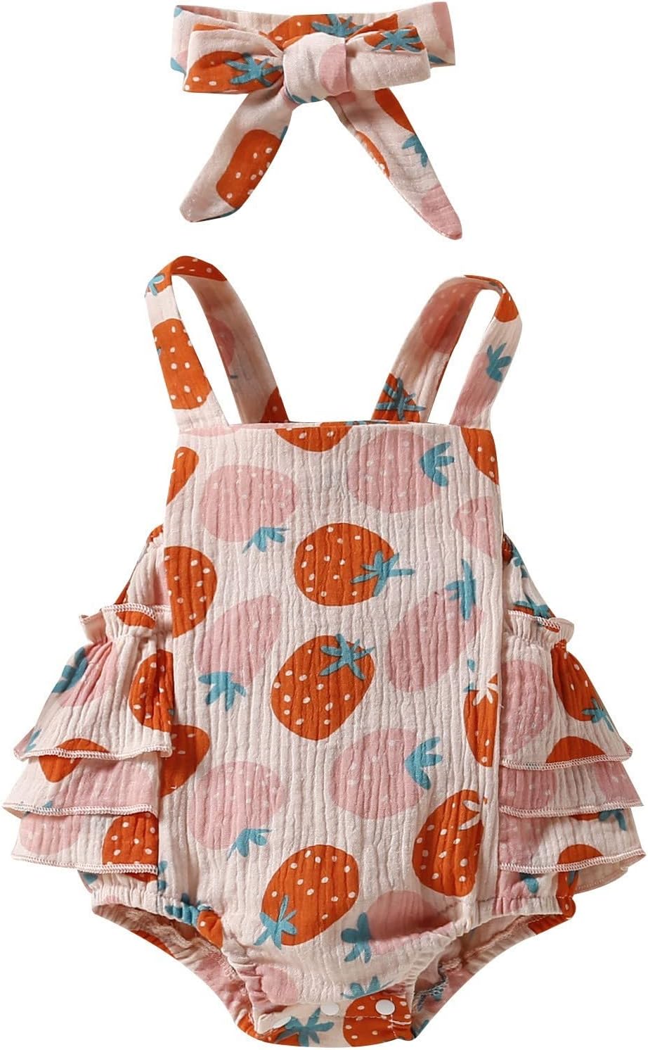 Strawberry Pattern Adjustable Romper Head Scarf Set for Baby Girl