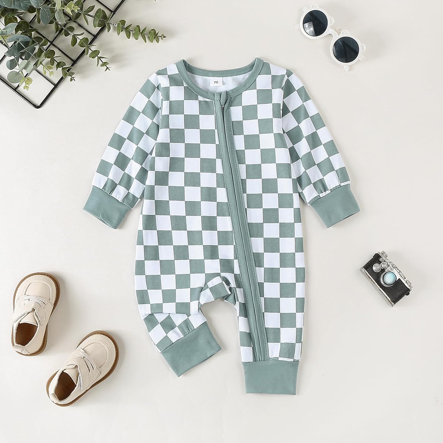 Newborn Baby Boy Girl Checkered Long Sleeve Zipper Romper Jumpsuit One Piece