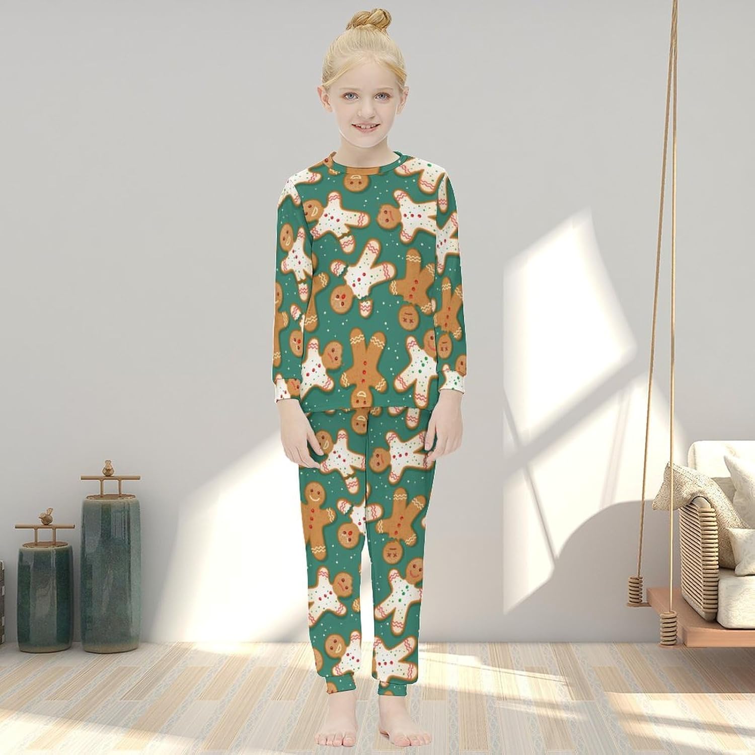 MEIKKO Girls Thermal Underwear Set Gingerbread Man Long Johns Lined
