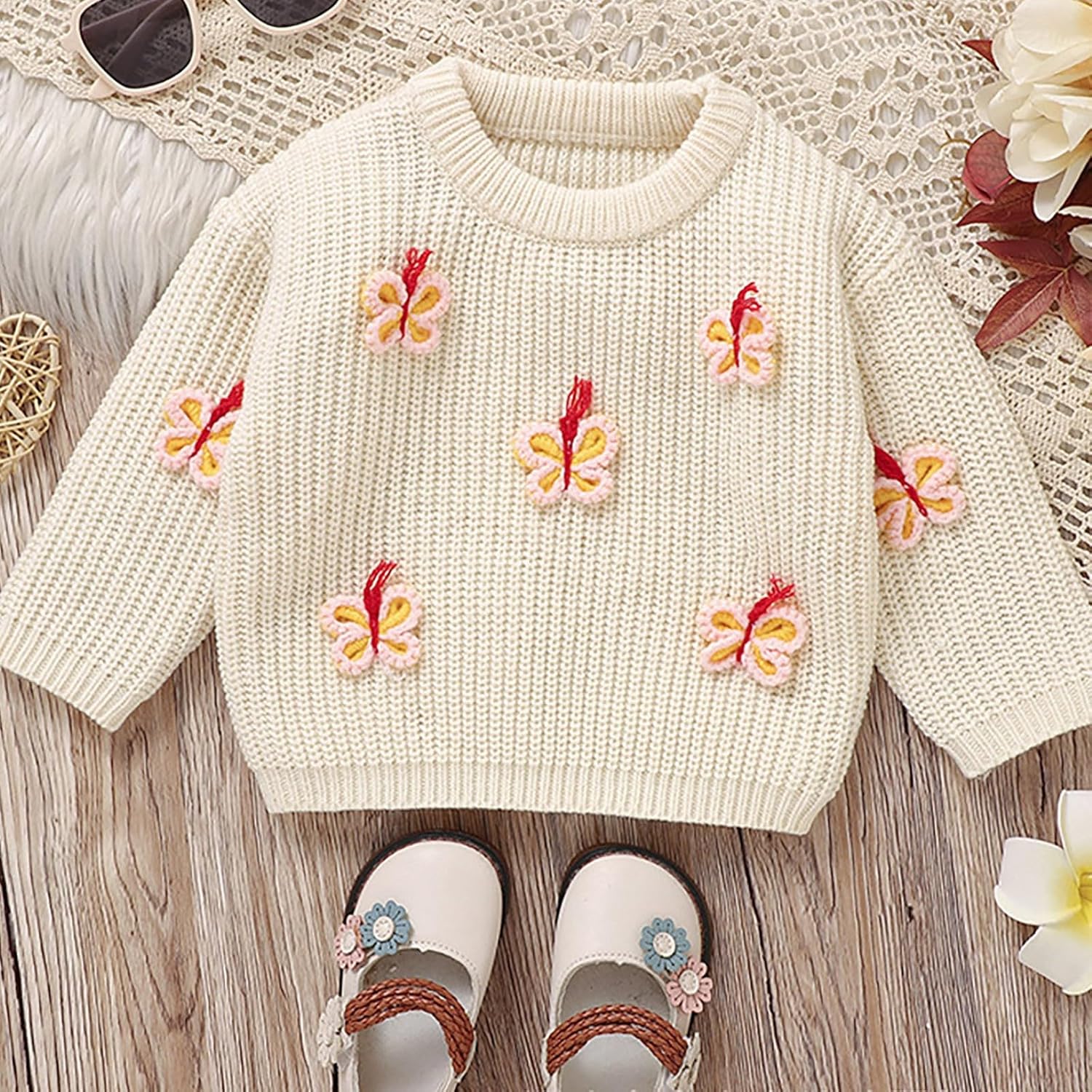 Baby Girl Cotton Sweater Butterfly Embroidery Crewneck Cardigan