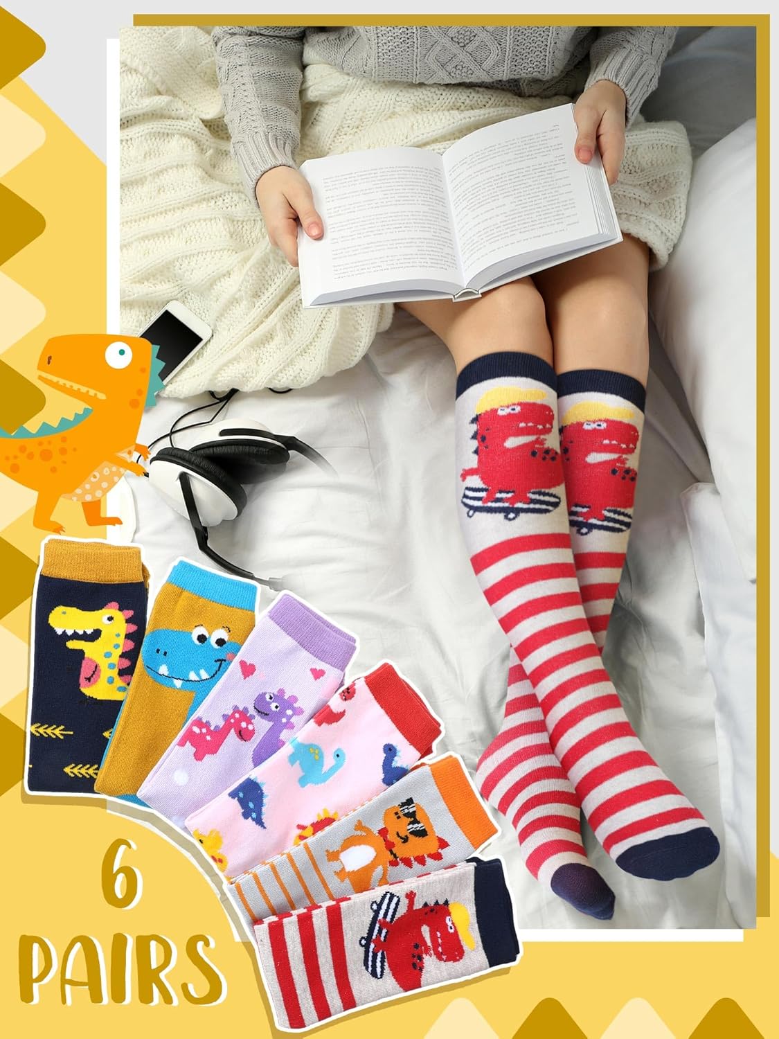 Kids Dinosaur Socks Funny Knee Highs for Girls Warm and Cozy
