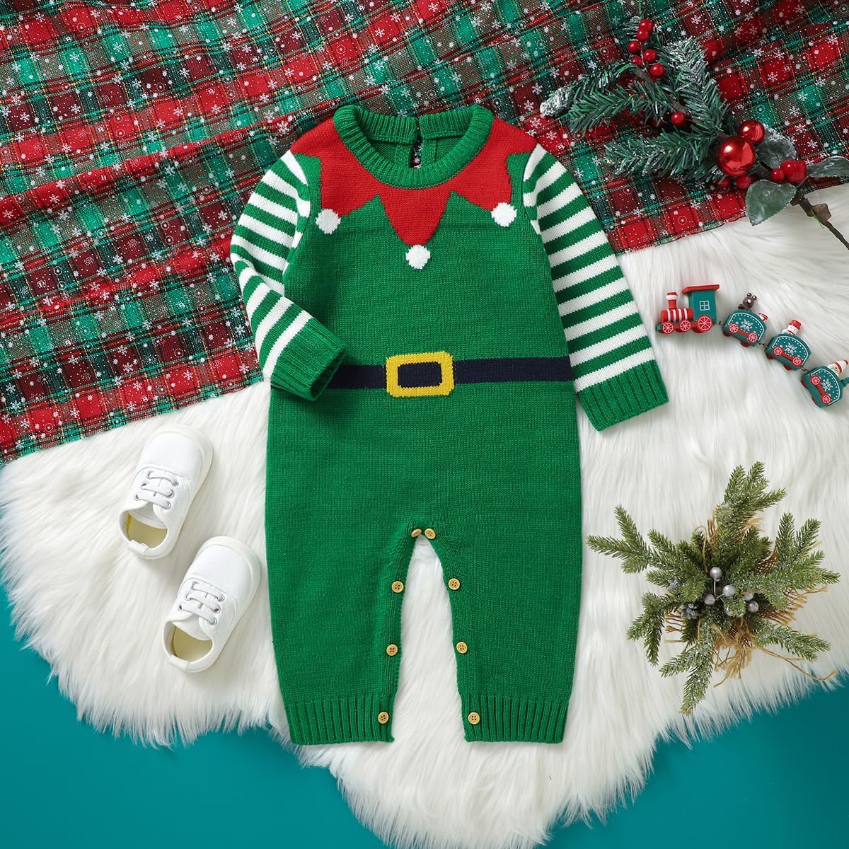 Mimixiong Christmas Outfit Baby Striped Knit Sweater Romper SantaElf