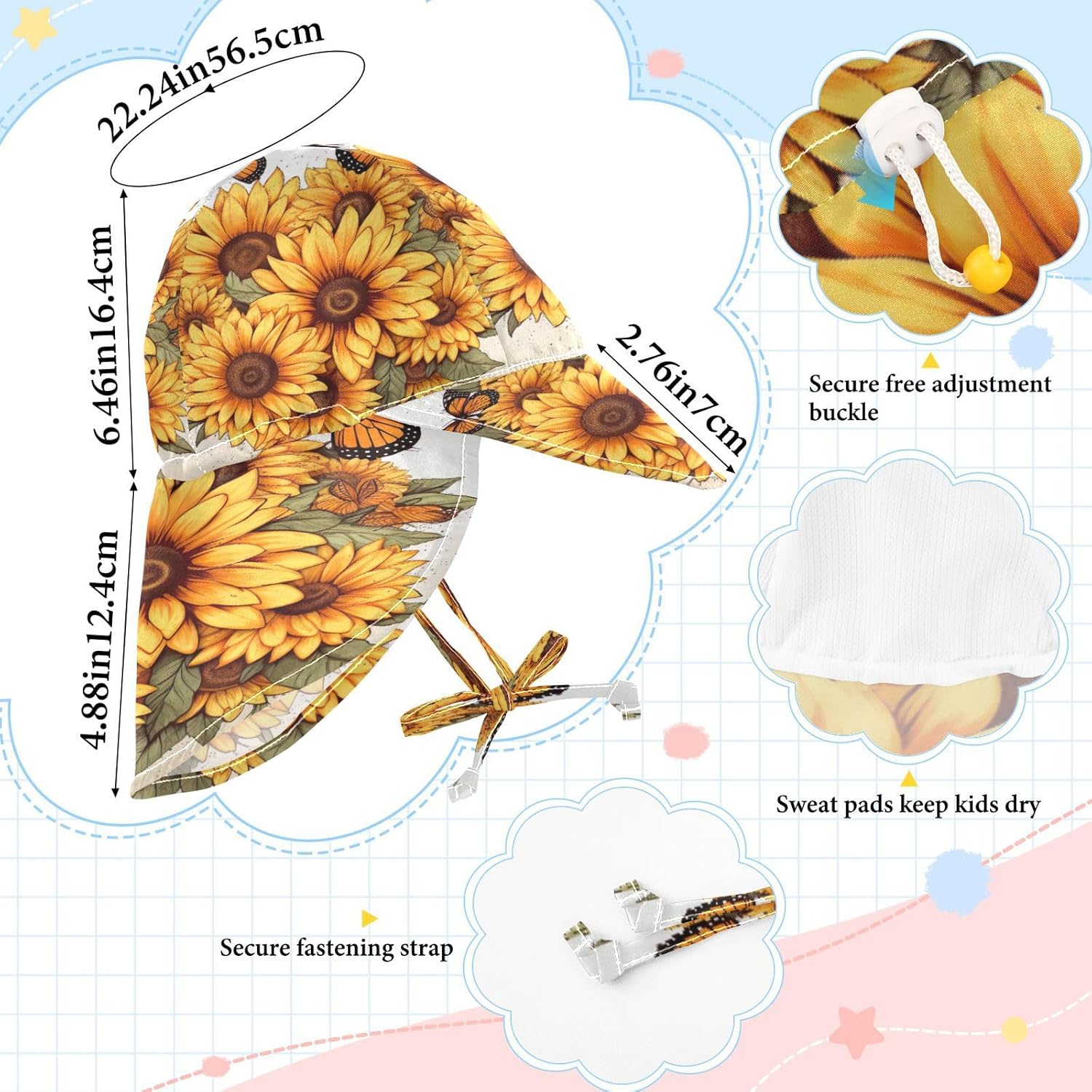 Emelivor Sunflowers Butterfly Baby Sun Hat UPF 50 UV Protection Beach Hat