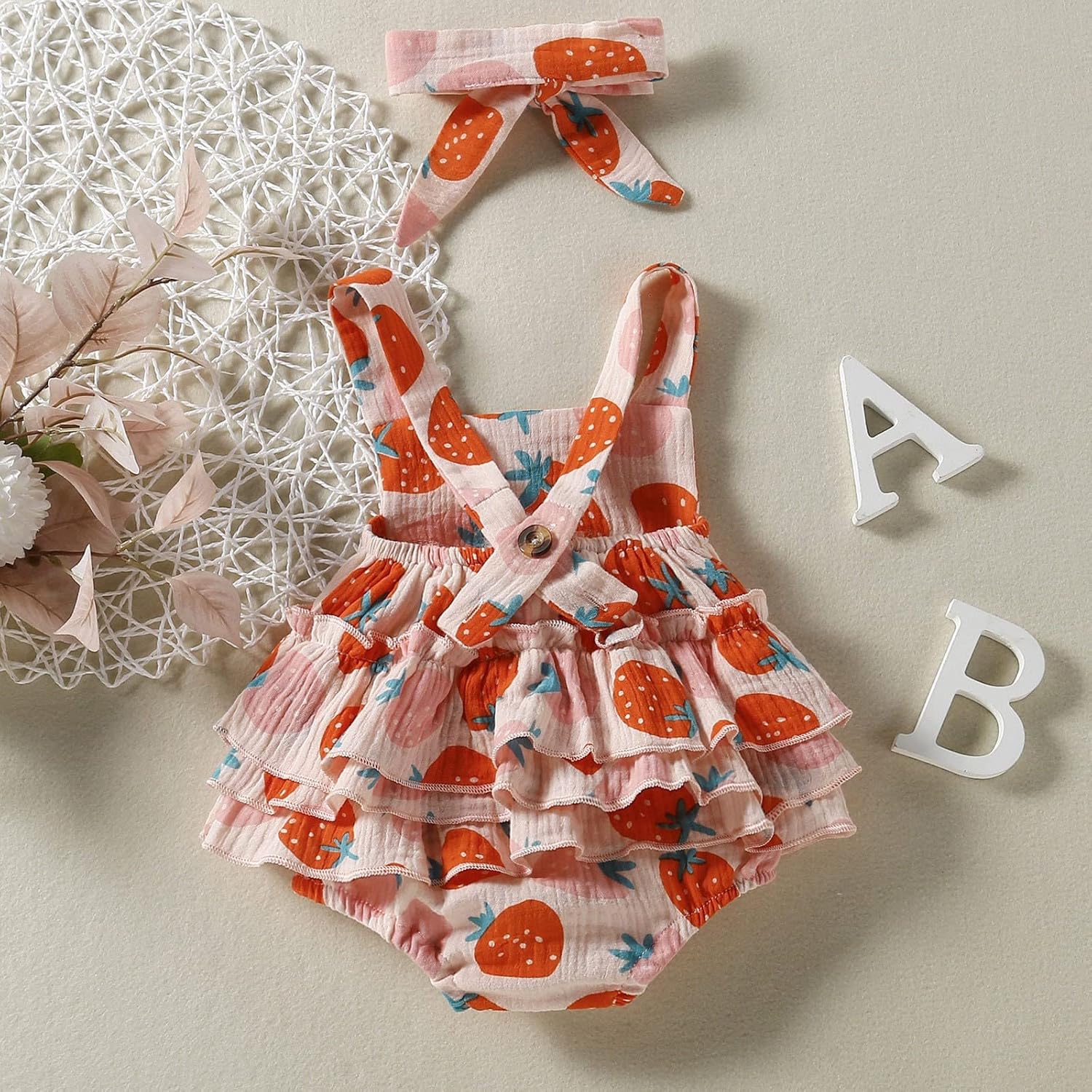 Strawberry Pattern Adjustable Romper Head Scarf Set for Baby Girl