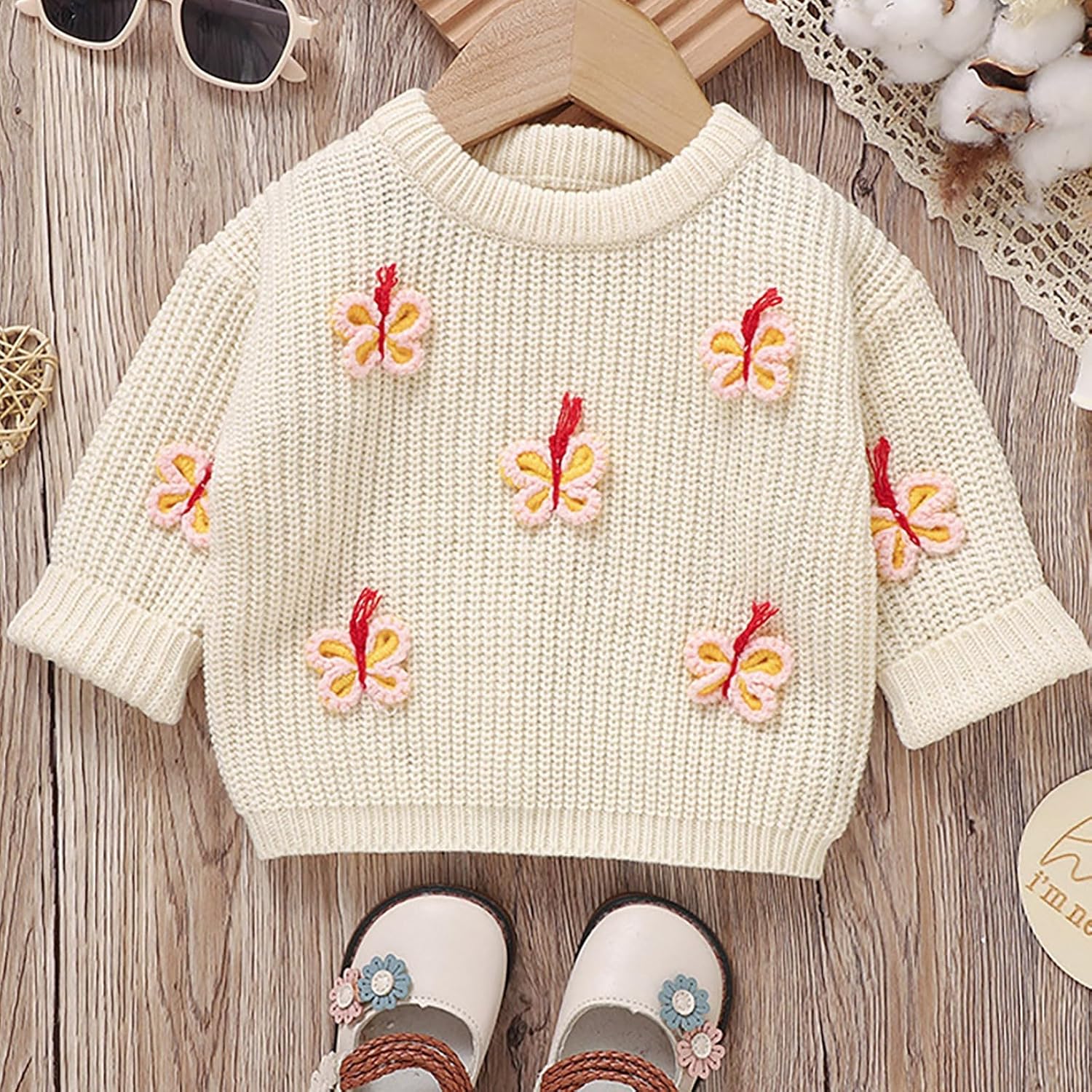 Baby Girl Cotton Sweater Butterfly Embroidery Crewneck Cardigan