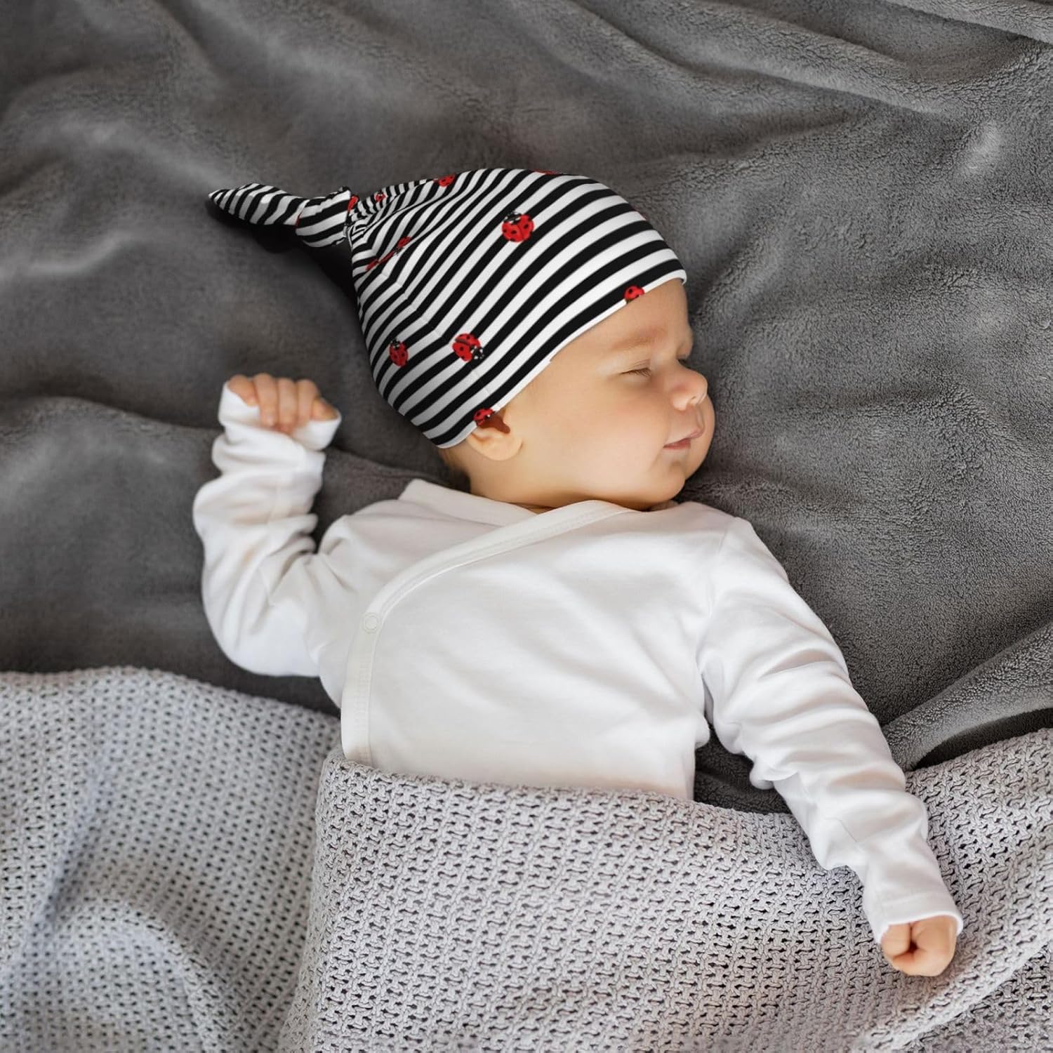 Ladybugs on Black and White Striped Hatz for Newborn Baby